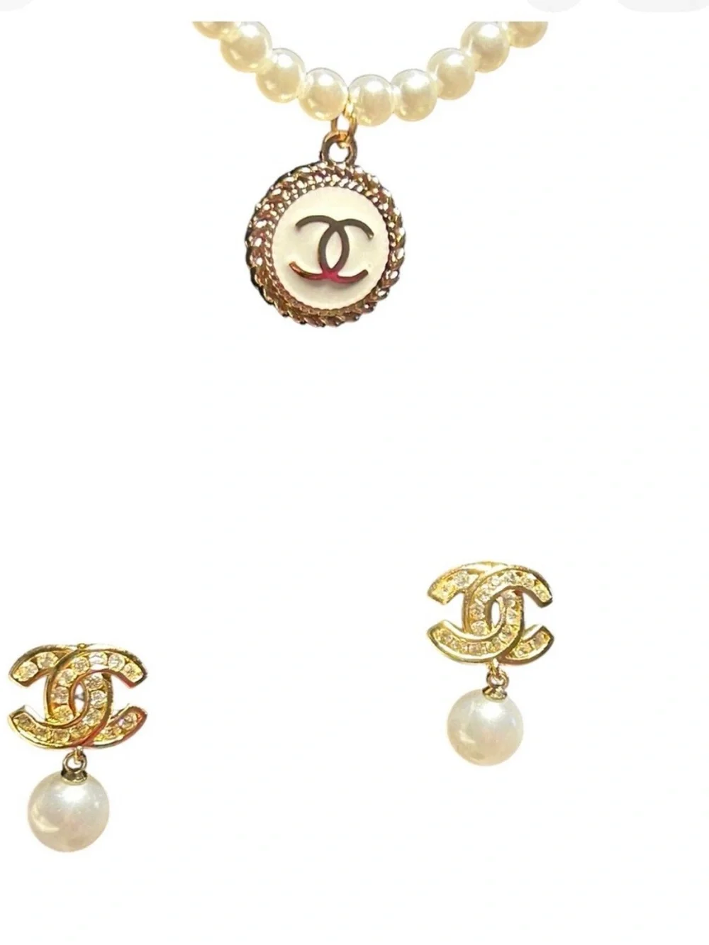 Pearl Necklace with Gold CC Pendant - White Pearls